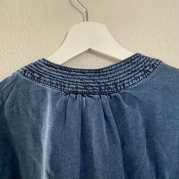 H&M Women Blue Denim Shift Dress Chambray Short Sleeve V-Neck Tunic Girly Size 4 - Picture 4 of 8